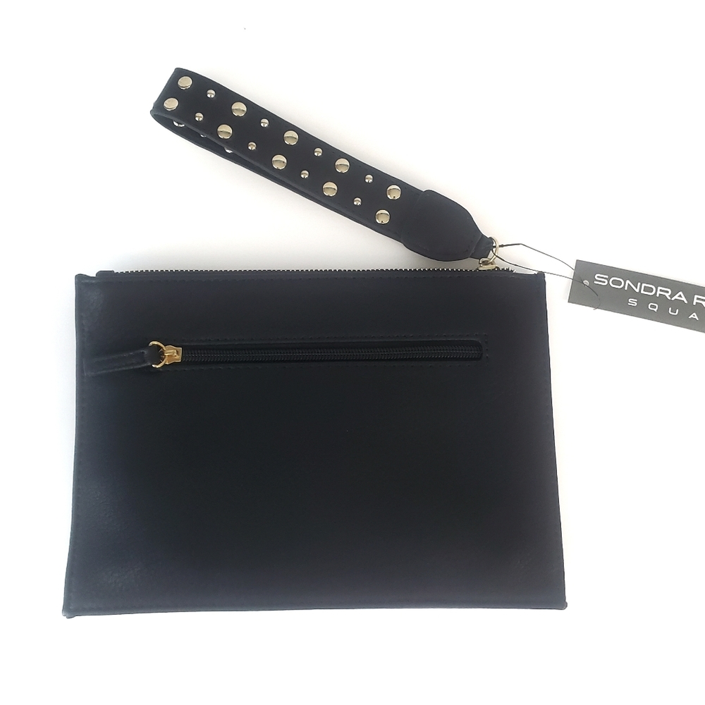 Black Vegan Leather Studded Zipper Clutch Wristlet, NWT